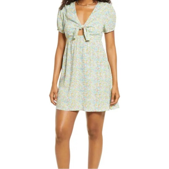 Bp. Womens Tie Front Mini Dress Green Multi Maisey Ditsy Floral Plus Size 1X - Picture 3 of 12